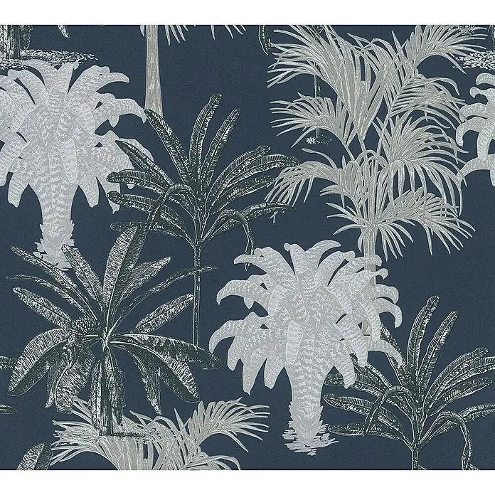 A.S. Création Michalsky 4 Vliestapete Palmen - Blau/Grau, Floral, 10,05 x 0,53 m - Elegante Tapete mit tropischem Palmenmuster in Silber- und Grautönen auf tiefblauem Grund, ideal für eine stilvolle Raumgestaltung.