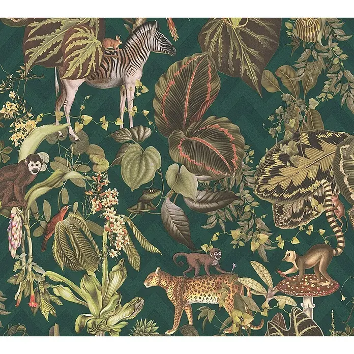 A.S. Création Michalsky 4 Vliestapete Dschungel - Grün, Tieroptik, 10,05 x 0,53 m - Dschungeltapete mit Zebra, Affen, Leopard und exotischen Pflanzen auf dunkelgrünem Hintergrund.