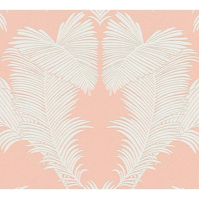 A.S. Création Trendwall 2 Vliestapete Palmen-Ornament - Rosa/Weiß, Floral, 10,05 x 0,53 m - Nahaufnahme eines rosa Wandbilds mit weißen Palmenblättern, die ein stilvolles und tropisches Ambiente für jeden Raum schaffen.