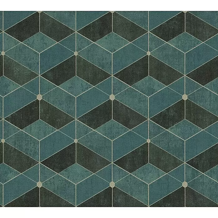 A.S. Création Titanium 3 Vliestapete 3D-Effekt - Grün/Gold, 3D-Optik, 10,05 x 0,53 m - Strukturiertes geometrisches Würfelmuster in Blau- und Dunkelgrautönen mit weißen Linien und Punkten.