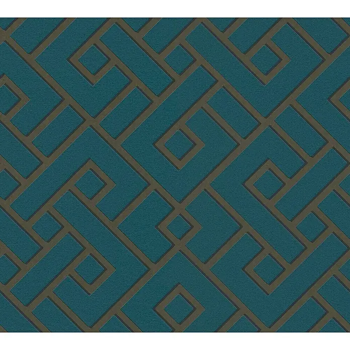 A.S. Création Michalsky 4 Vliestapete Meander - Grün/Gold, 3D-Optik, 10,05 x 0,53 m - Ein nahtloses Muster mit türkisfarbenen, geometrischen Formen und braunen Umrandungen, ideal für Tapeten oder Stoffe.