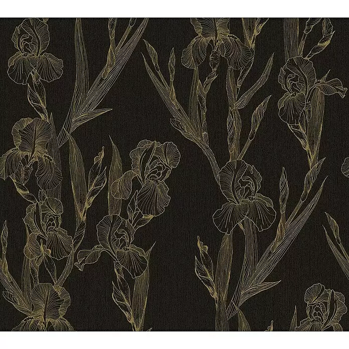 A.S. Création Daniel Hechter 6 Vliestapete Blumen - Schwarz/Gelb, Floral, 10,05 x 0,53 m - Nahtloses Muster mit goldenen Iris-Linien auf dunklem, strukturiertem Hintergrund.