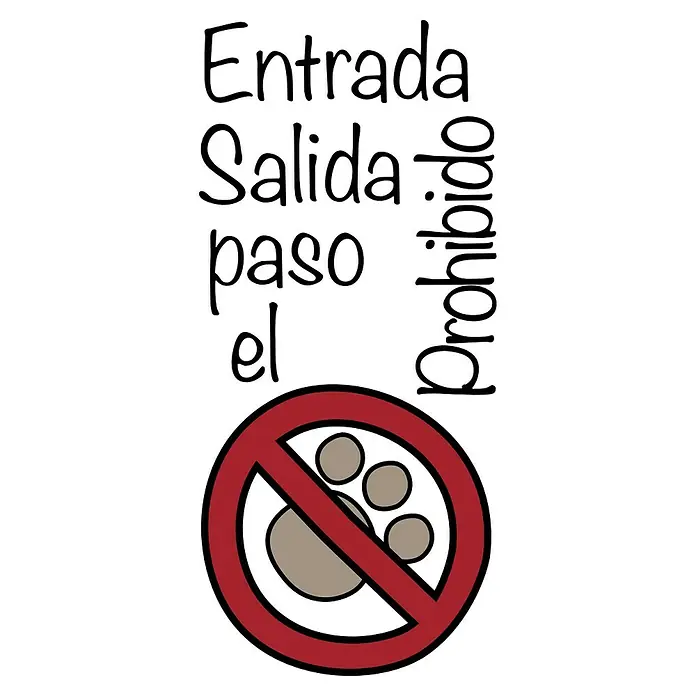 Vinilo de pared Entrada Salida Prohibido el paso - Negro/Rojo/Verde - Símbolo que muestra "Entrada, Salida, Paso Prohibido" en letra estilizada, con un símbolo de prohibición rojo para huellas de patas debajo.