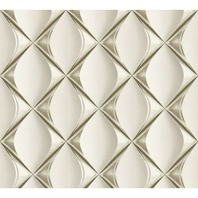 A.S. Création My Home My Spa Vliestapete Lederoptik - Grau, 3D-Optik, 10,05 x 0,53 m - Ein sich wiederholendes Muster von dreidimensionalen, rautenförmigen Strukturen in Beige und Gold, das eine elegante Wandgestaltung zeigt.
