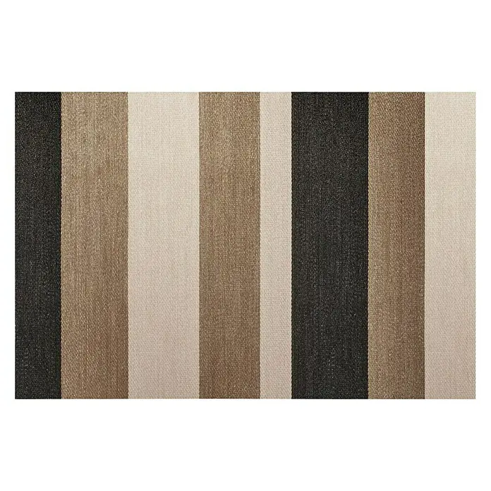 Alfombra de vinilo Living Stripes - Camel, 180 x 120 cm - Primer plano de tejido con rayas verticales en tonos de negro, beige y marrón claro, ideal para tapicería de muebles.