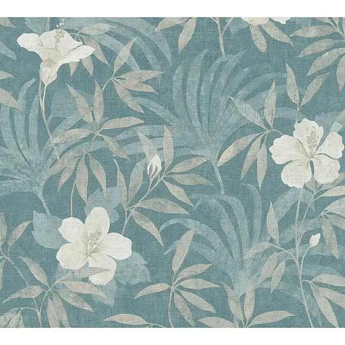 A.S. Création Cuba Vliestapete Blume - Beige/Blau, Floral, 10,05 x 0,53 m - Eine Nahaufnahme eines floralen Textilmusters mit Hibiskusblüten und Blättern in beruhigenden Blau- und Grautönen, ideal für Wohnaccessoires.