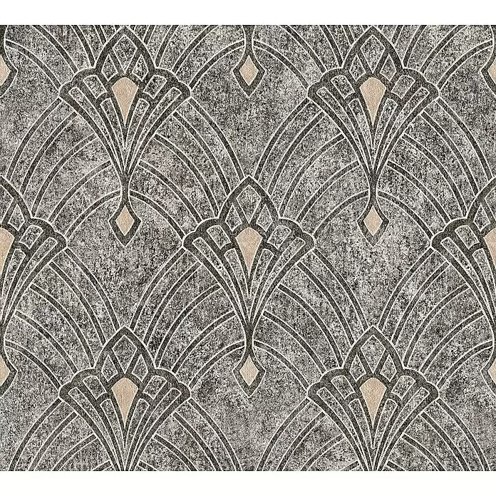 A.S. Création Mata Hari Vliestapete Oriental - Beige/Grau, Grafisch, 10,05 x 0,53 m - Wiederholendes Art Deco Muster mit stilisierten grau-weißen Fächermotiven auf strukturiertem grauem Hintergrund mit beigen Akzenten.