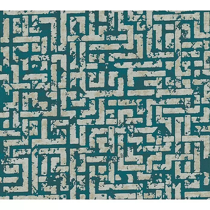 A.S. Création My Home My Spa Vliestapete Tetris - Petrol Metallic, Grafisch, 10,05 x 0,53 m - Strukturierter tealblauer Stoff mit unregelmäßigem beigem Labyrinthmuster.