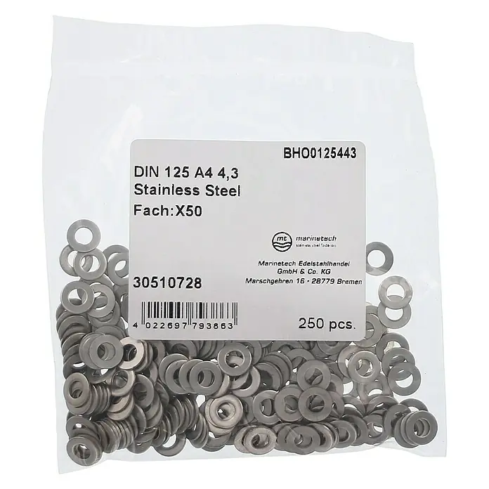 Marinetech Unterlegscheibe - Innendurchmesser: 4,3 mm, Außendurchmesser: 9 mm, A4, Edelstahl, 250 Stk. - Eine Packung DIN 125 A4 4,3 Unterlegscheiben aus Edelstahl von Marinetech, verpackt zu 250 Stück.