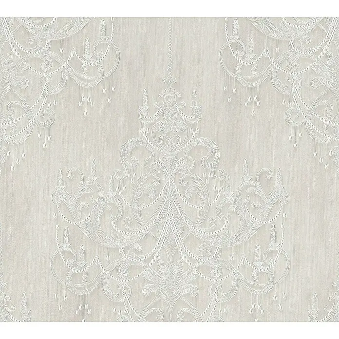 A.S. Création Mata Hari Vliestapete Barocker Kronleuchter - Weiß, Ornament, 10,05 x 0,53 m - Elegantes weißes Tapetenmuster mit filigranen Kronleuchter-Motiven, die eine luxuriöse und stilvolle Atmosphäre schaffen.