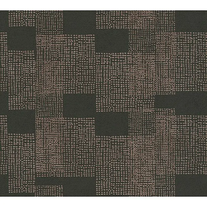 A.S. Création Desert Lodge Vliestapete Ethno-Muster - Kupfer/Schwarz, Grafisch, 10,05 x 0,53 m - Strukturierte Stofftapete mit quadratischem Muster in Dunkelgrau und Braun, ideal für moderne Innenräume.