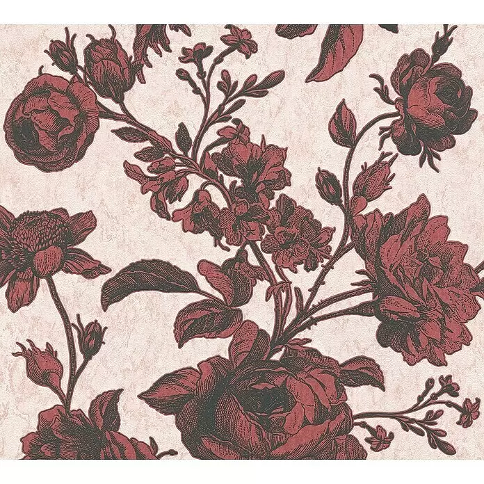 A.S. Création My Home My Spa Vliestapete Rose - Rosa/Rot, Floral, 10,05 x 0,53 m - Nahtloses Muster mit dunkelroten Blumen und Blättern im Vintage-Stil auf hellem, beigefarbenem Hintergrund.