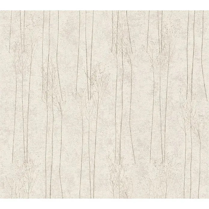 A.S. Création Hygge 2 Vliestapete Bäume - Helltaupe, Floral, 10,05 x 0,53 m - Dieses Bild zeigt ein zartes, neutrales Tapetenmuster mit filigranen, abstrakten Pflanzenmotiven, das Eleganz und Ruhe ausstrahlt.
