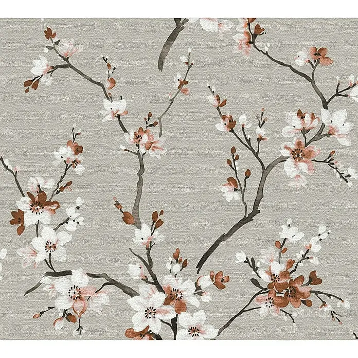 A.S. Création Desert Lodge Vliestapete Blütenranken - Grau/Rosè, Floral, 10,05 x 0,53 m - Elegantes florales Hintergrundbild mit Kirschblütenzweigen in Weiß und Braun, das eine ruhige und stilvolle Atmosphäre schafft.