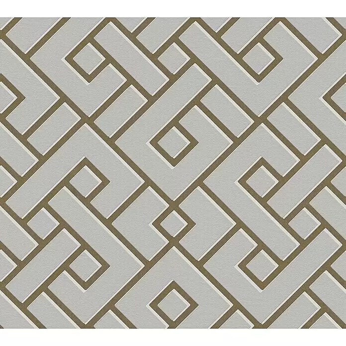 A.S. Création Michalsky 4 Vliestapete Meander - Grau/Gold, 3D-Optik, 10,05 x 0,53 m - Nahtloses geometrisches Muster mit hellgrauen, geprägten Formen, weiß umrandet auf braunem Hintergrund.