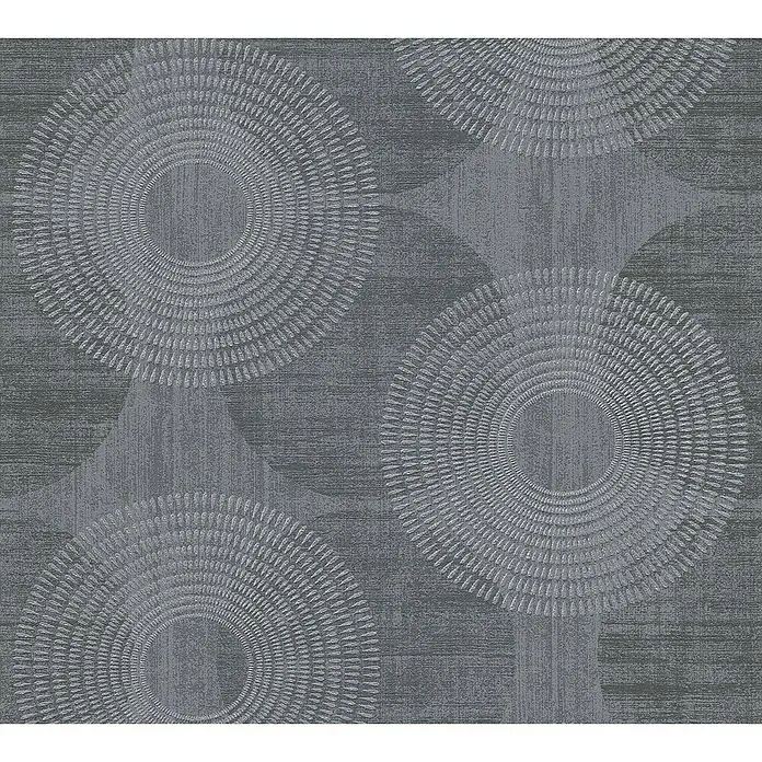 A.S. Création Attractive Vliestapete Große Kreise - Grau-Schwarz, Grafisch, 10,05 x 0,53 m - Detailaufnahme eines modernen, grauen Textilmusters mit Kreismotiven und feiner Textur für stilvolle Wohnaccessoires.
