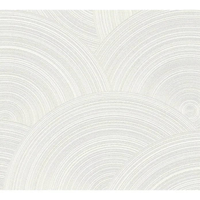 A.S. Création My Home My Spa Vliestapete Kreisdesign - Weiß, Grafisch, 10,05 x 0,53 m - Strukturiertes Tapetenmuster mit überlappenden Kreisen in Weiß und Grau, das eine subtile und moderne Wandgestaltung bietet.