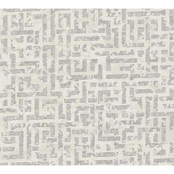 A.S. Création My Home My Spa Vliestapete Tetris - Weiß/Metallic, Grafisch, 10,05 x 0,53 m - Ein strukturierter Teppich mit einem verschlungenen, geometrischen Muster in neutralen Grau- und Weißtönen, ideal für moderne Innenräume.