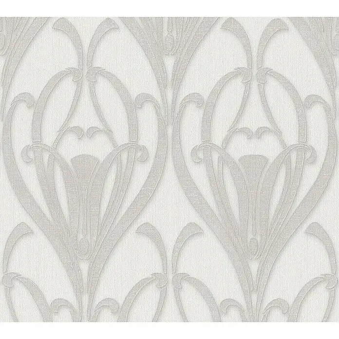 A.S. Création Mata Hari Vliestapete Barock - Grau/Weiß, Ornament, 10,05 x 0,53 m - Elegante Tapete mit einem klassischen, floralen Design in zarten Grautönen, ideal für stilvolle Wohnräume.