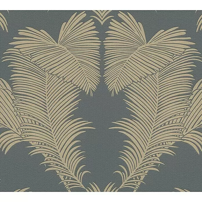 A.S. Création Trendwall 2 Vliestapete Palmen-Ornament - Grau/Gold, Floral, 10,05 x 0,53 m - Wiederholendes Muster aus geprägten hellbeigen Palmblättern.