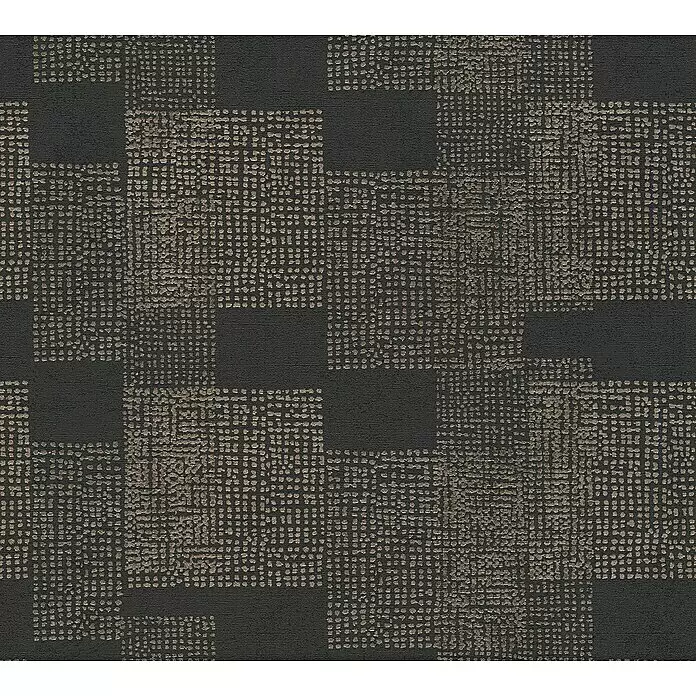 A.S. Création Desert Lodge Vliestapete Ethno-Muster - Schwarz/Gold, Grafisch, 10,05 x 0,53 m - Texturierte dunkelgraue Teppichfliese mit abstraktem Muster aus unregelmäßigen Quadraten.