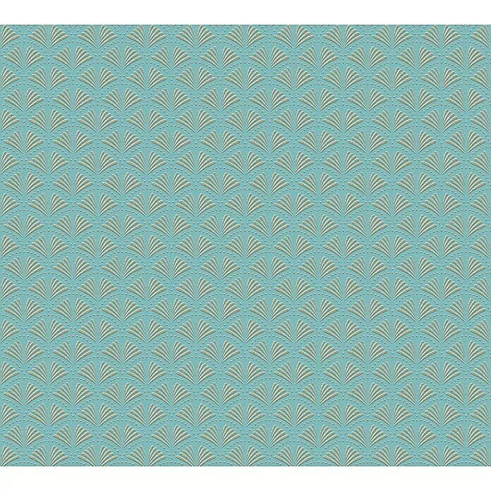 A.S. Création Trendwall 2 Vliestapete Art Deco groß - Türkis, Grafisch, 10,05 x 0,53 m - Hellblaue Tapete mit goldenen Fächer- und Punktmustern, subtiler Prägestruktur. Eleganter Art-Déco-Stil.