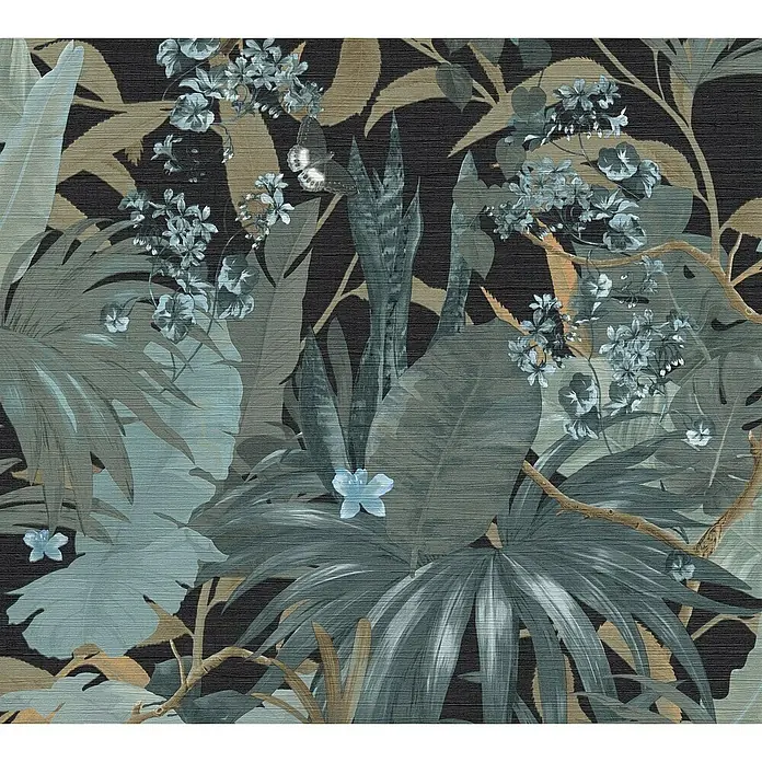A.S. Création Desert Lodge Vliestapete Dschungel - Blau/Schwarz, Floral, 10,05 x 0,53 m - Texturierte Tapete mit Dschungelmotiven und floralen Akzenten in gedämpften Blau- und Brauntönen, die eine ruhige und natürliche Atmosphäre schafft.