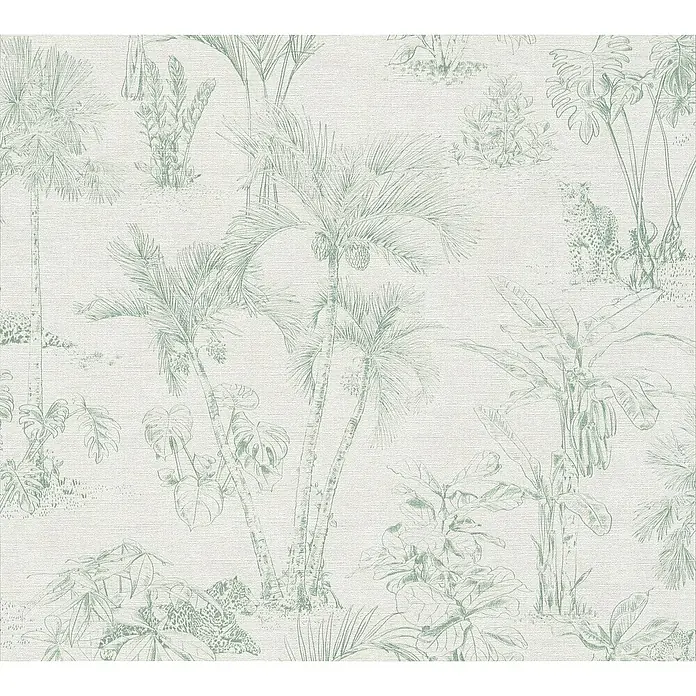 A.S. Création Cuba Vliestapete Dschungel - Grün-Weiß, Floral, 10,05 x 0,53 m - Eine elegante Tapete mit einem zarten Dschungelmotiv in Grün, das eine ruhige und natürliche Atmosphäre in jeden Raum bringt.