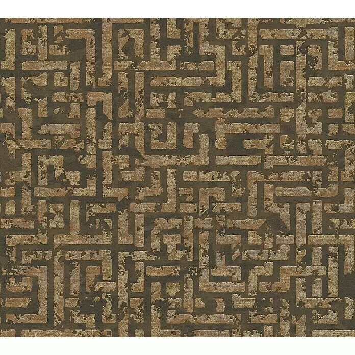 A.S. Création My Home My Spa Vliestapete Tetris - Braun/Metall, Grafisch, 10,05 x 0,53 m - Strukturierter goldbrauner Labyrinthmuster auf dunklem Hintergrund.