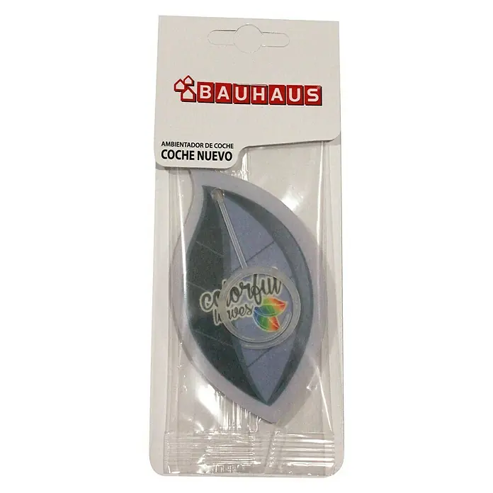 BAUHAUS Ambientador de coche Leaves - New Car - Ambientador de coche Bauhaus "Coche Nuevo" en forma de hoja con un logo de flores de colores en un envase transparente.