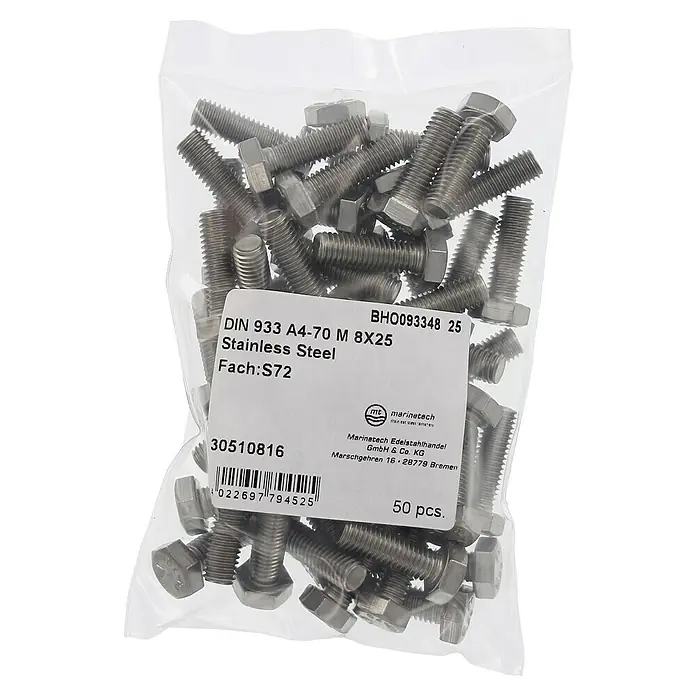 Marinetech Sechskantschraube - M 8, Länge: 25 mm, Edelstahl, A4, 50 Stk. - Bild einer Packung mit 50 DIN 933 A4-70 M 8X25 Edelstahl-Sechskantschrauben, ideal für verschiedene Befestigungsanwendungen.