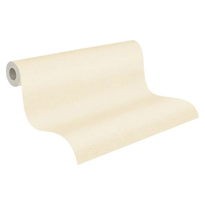 A.S. Création My Home My Spa Vliestapete Textilstruktur II - Creme, Uni, 10,05 x 0,53 m - Eine Rolle hellbeige Tapete mit dezenter Textur, die sich auf einer schwarzen Oberfläche abrollt und eine gemütliche Atmosphäre verspricht.