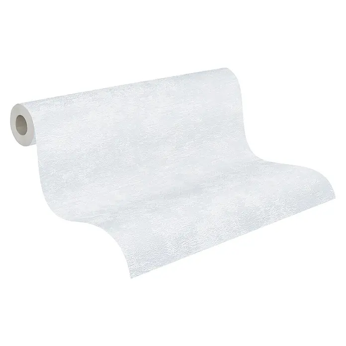A.S. Création Attractive Vliestapete - Pastelles Beige-Weiß, Uni, 10,05 x 0,53 m - Nahaufnahme einer Rolle strukturierten weißen Vliestapete, die sich abrollt und die feine Textur des Produkts zeigt.