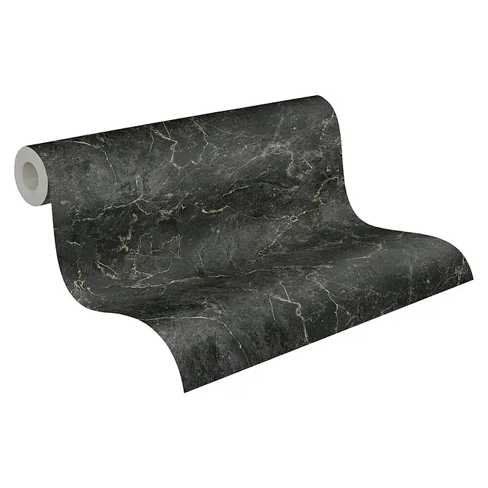 A.S. Création Michalsky 4 Vliestapete Marmor - Schwarz/Gold, Steinoptik, 10,05 x 0,53 m - Ein Rollen-Hintergrund mit Marmormuster in dunklen Farbtönen mit weißen Akzenten für eine elegante Wandgestaltung.