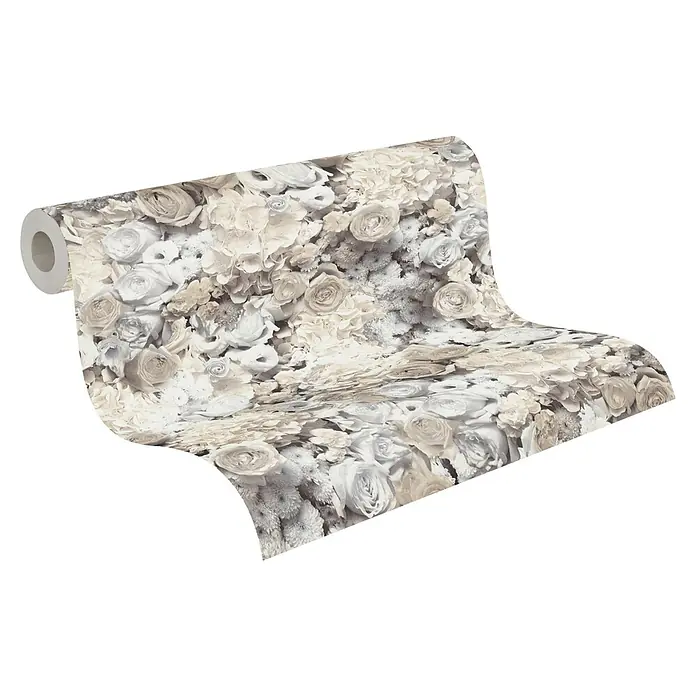 A.S. Création Trendwall 2 Vliestapete Blumen - Grau/Beige, Floral, 10,05 x 0,53 m - Eine Rolle floral gemusterter Vliestapete mit einem üppigen Design aus Rosen und Hortensien in Beige- und Grautönen, ideal für ein elegantes Ambiente.