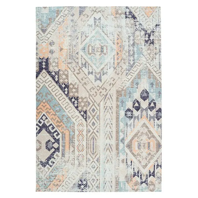 Kayoom Kurzflorteppich Indiana - Multi/Blau, 150 x 80 cm, 100 % Baumwolle - Moderner mehrfarbiger Teppich mit geometrischen Mustern für ein stilvolles Ambiente im Wohnbereich.