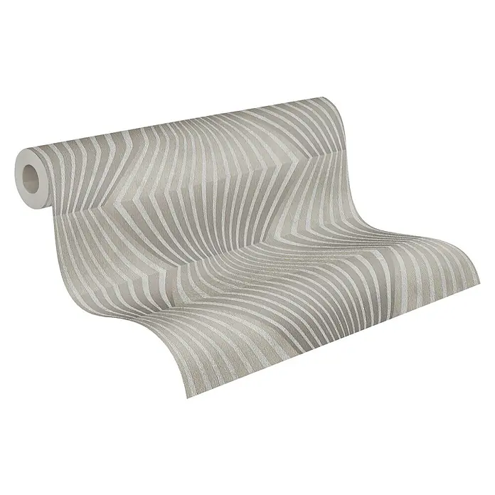 A.S. Création Titanium 3 Vliestapete 3D-Effekt Waben - Grau, 3D-Optik, 10,05 x 0,53 m - Ein Foto einer Rolle gemusterter Tapete in Grau- und Weißtönen mit einem abstrakten, wellenförmigen Design. Die Tapete ist auf einer Rolle aufgerollt.