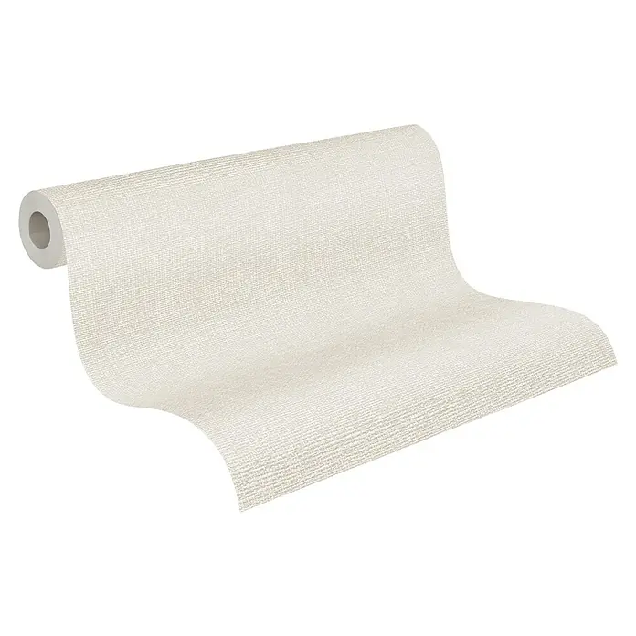 A.S. Création Hygge 2 Vliestapete Gewebe - Rosè, Uni, 10,05 x 0,53 m - Nahaufnahme einer Rolle mit creme-weißer Tapete mit Leinwandstruktur, die ein subtiles und elegantes Dekorationsmittel bietet.