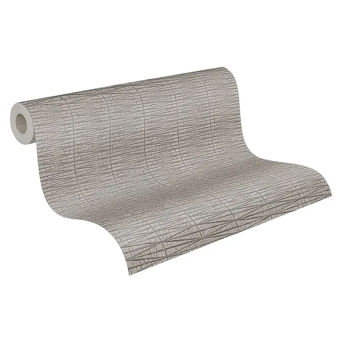 A.S. Création Hygge 2 Vliestapete Geometrie - Grau, Grafisch, 10,05 x 0,53 m - Abbildung einer Rolle grauer, strukturierter Tapete, die ein elegantes und modernes Design für die Wanddekoration bietet.