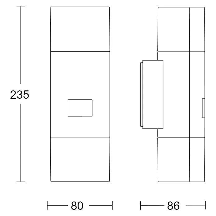 Steinel LED-Sensor-Außenwandleuchte L 910 S anthrazit - 9,8 W, L x B x H: 8 x 8,5 x 23,5 cm, Anthrazit, Weiß, Warmweiß - Abbildung einer elektrischen Anlage mit Maßen (235 x 80 x 86 mm) zur Darstellung der Produktabmessungen und technischen Details.