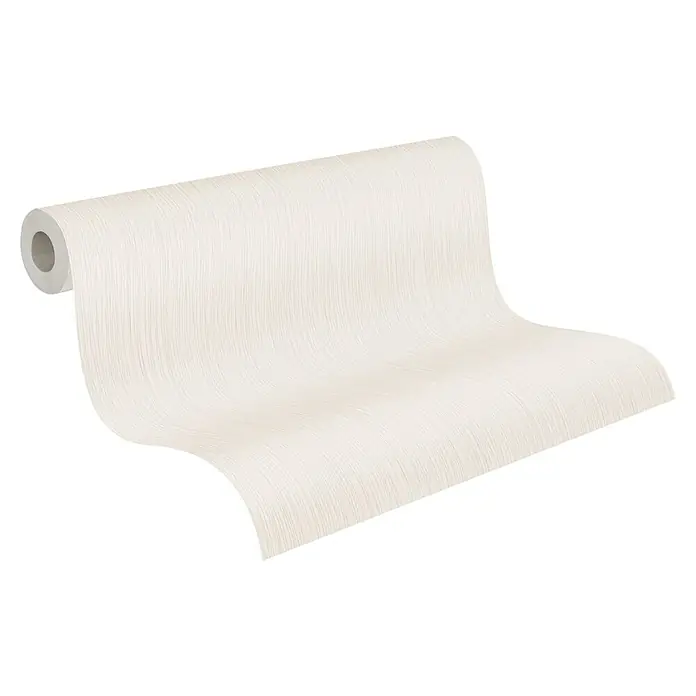 A.S. Création Attractive Vliestapete - Strukturcreme, Uni, 10,05 x 0,53 m - Nahaufnahme einer Tapetenrolle in Cremeweiß mit subtiler Textur, die sich perfekt für eine elegante Wandgestaltung eignet.