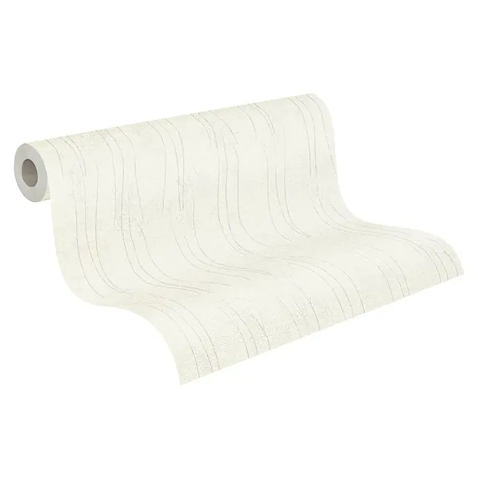 A.S. Création Hygge 2 Vliestapete Bäume - Creme/Beige, Floral, 10,05 x 0,53 m - Eine Rolle cremefarbene Tapete mit einem zarten, wellenförmigen Liniendesign, ideal für eine subtile Wandgestaltung im Innenbereich.