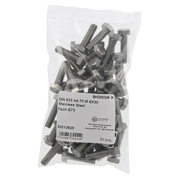 Marinetech Sechskantschraube - M 8, Länge: 30 mm, Edelstahl, A4, 50 Stk. - Eine Tüte mit 50 DIN 933 A4-70 M 8X30 Edelstahl-Sechskantschrauben, verpackt von Marinetech Edelstahlhandel.