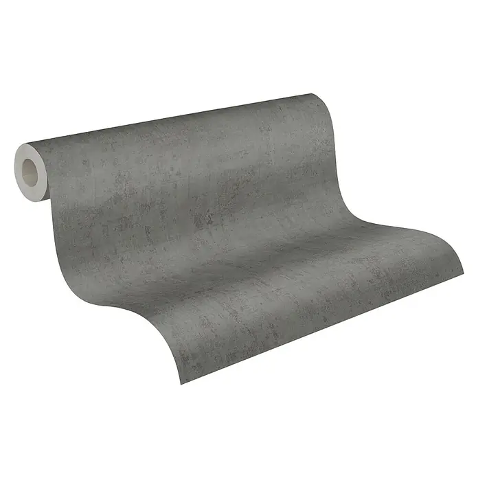 A.S. Création Cuba Vliestapete - Grau, Uni, 10,05 x 0,53 m - Nahaufnahme einer Rolle grauer Beton-Tapete mit subtiler Textur, die ein modernes, industrielles Flair für Innenräume bietet.