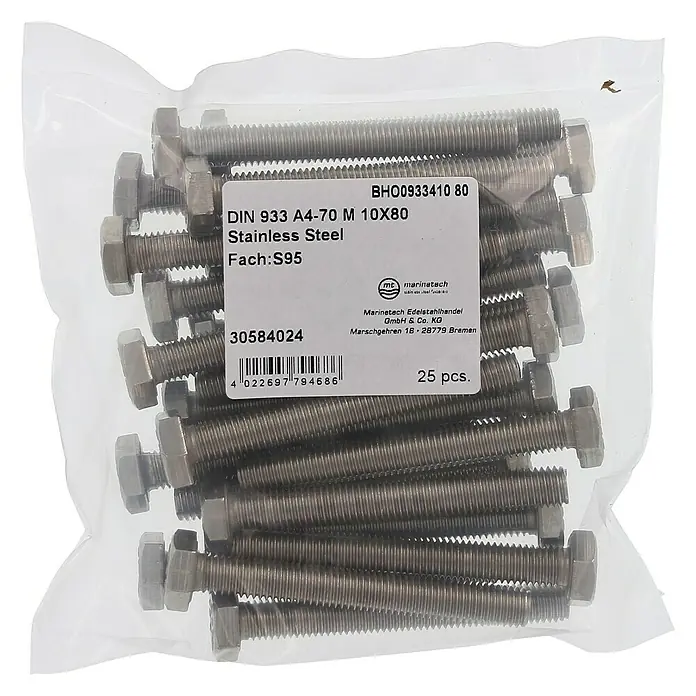 Marinetech Sechskantschraube - M 10, Länge: 80 mm, Edelstahl, A4, 25 Stk. - Eine transparente Packung mit 25 DIN 933 A4-70 M 10X80 Edelstahl Schrauben mit Muttern, ideal für diverse Befestigungsanwendungen.