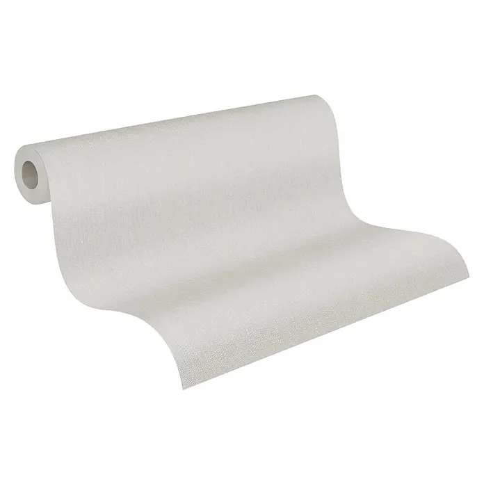 A.S. Création Attractive Vliestapete - Greige, Uni, 10,05 x 0,53 m - Nahaufnahme einer Rolle weißer Vliestapete mit feiner Textur, die sich für elegante Wandgestaltungen eignet.