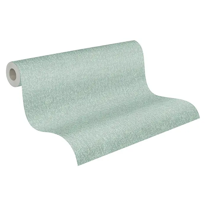 A.S. Création Mata Hari Vliestapete Kleinmuster - Türkis, Uni, 10,05 x 0,53 m - Nahaufnahme einer Tapetenrolle mit einem subtilen Muster und einer sanften Farbpalette, ideal für stilvolle Innenräume.