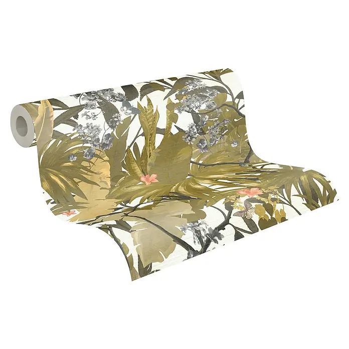 A.S. Création Desert Lodge Vliestapete Dschungel - Grün, Floral, 10,05 x 0,53 m - Eine Rolle Dschungel-Tapete mit großen Blättern und Blumen. Das tropische Design in natürlichen Farben ist perfekt, um einen Hauch von Natur in Ihr Zuhause zu bringen.