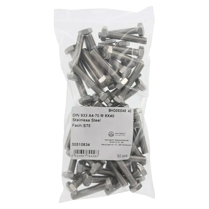 Marinetech Sechskantschraube - M 8, Länge: 40 mm, Edelstahl, A4, 50 Stk. - Eine durchsichtige Plastiktüte gefüllt mit DIN 933 A4-70 M 8X40 Edelstahlschrauben, verpackt zu 50 Stück.