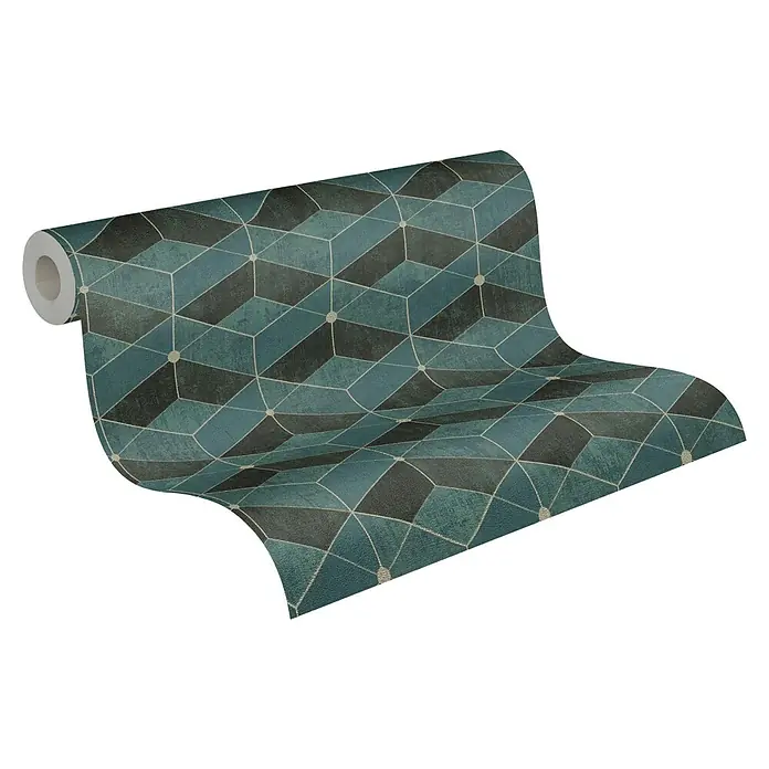 A.S. Création Titanium 3 Vliestapete 3D-Effekt - Grün/Gold, 3D-Optik, 10,05 x 0,53 m - Ein Rollenbild der modernen, petrolfarbenen und dunkelgrauen Tapete mit geometrischen Mustern für die stilvolle Wandgestaltung.